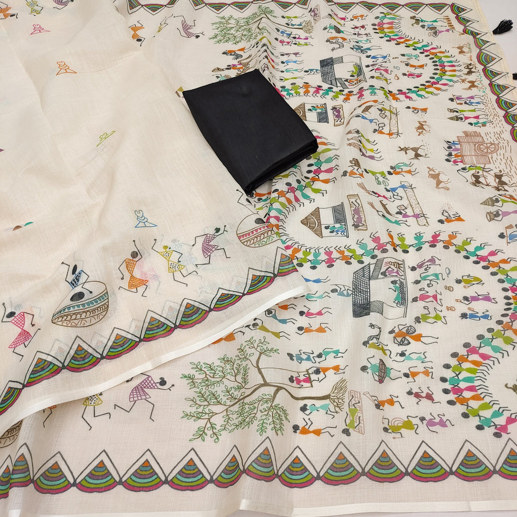 SOFT LINEN COTTON WARLI printed Saree with Cotton tassles on pallu & BLOUSE pice