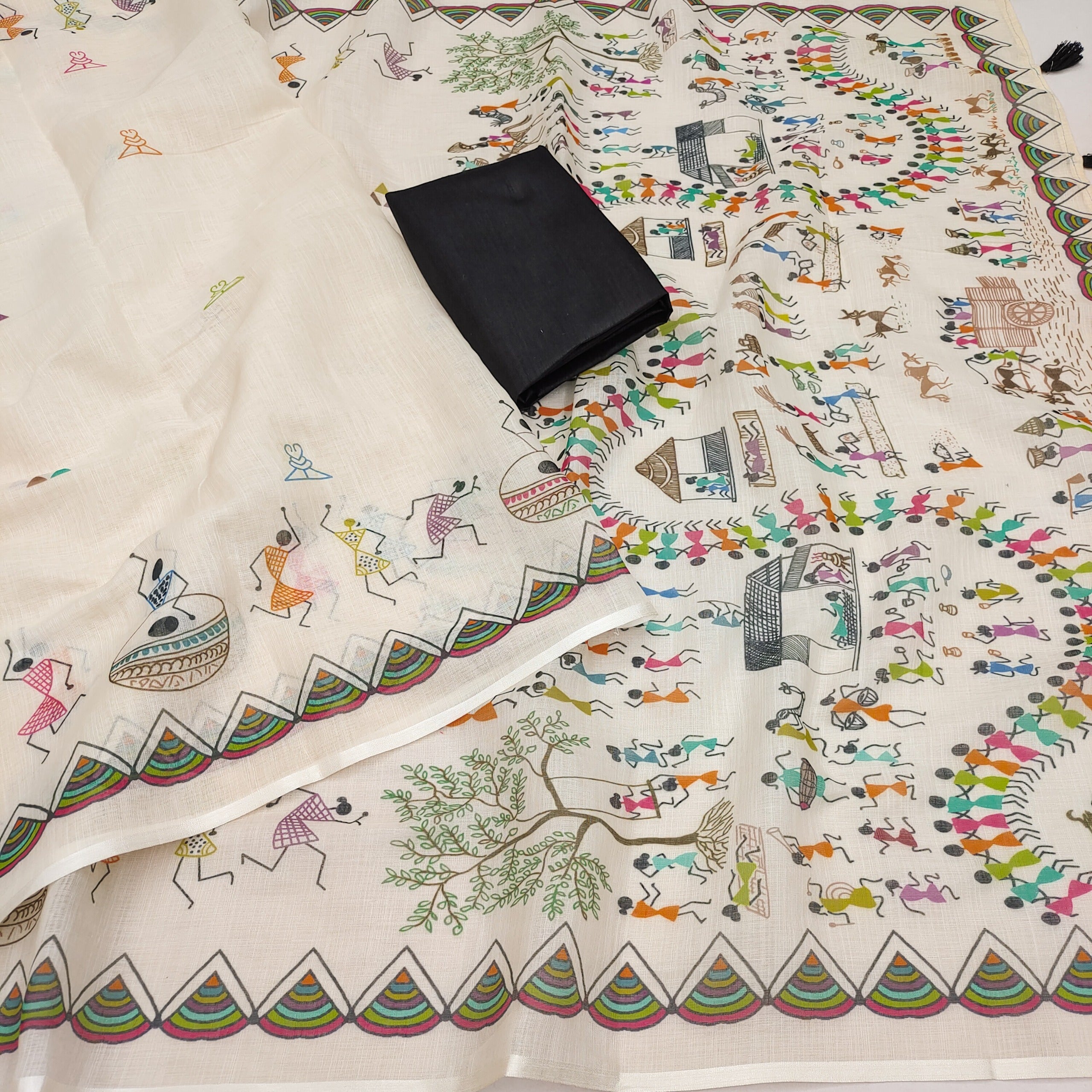 SOFT LINEN COTTON WARLI printed Saree with Cotton tassles on pallu & BLOUSE pice
