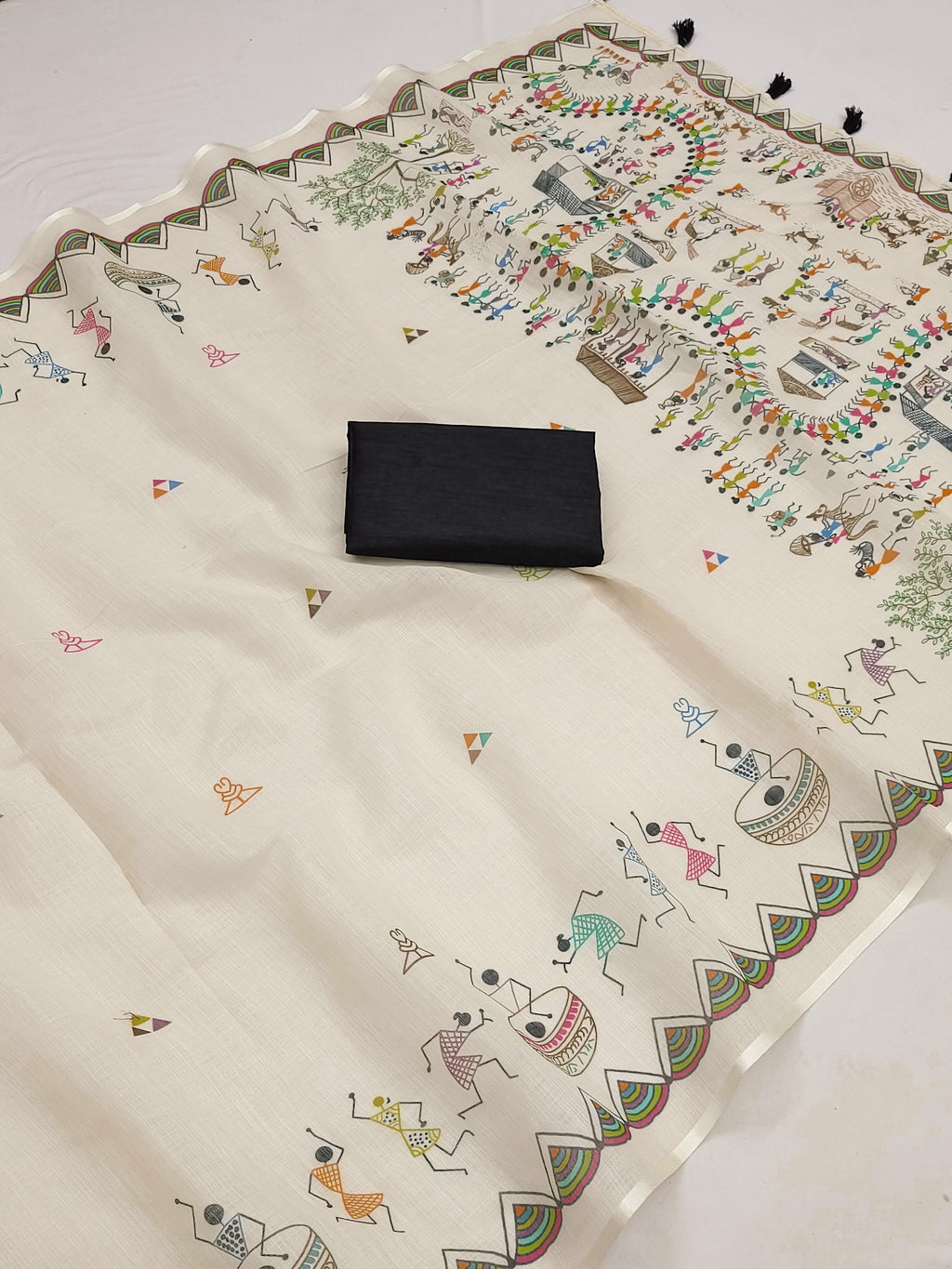 SOFT LINEN COTTON WARLI printed Saree with Cotton tassles on pallu & BLOUSE pice