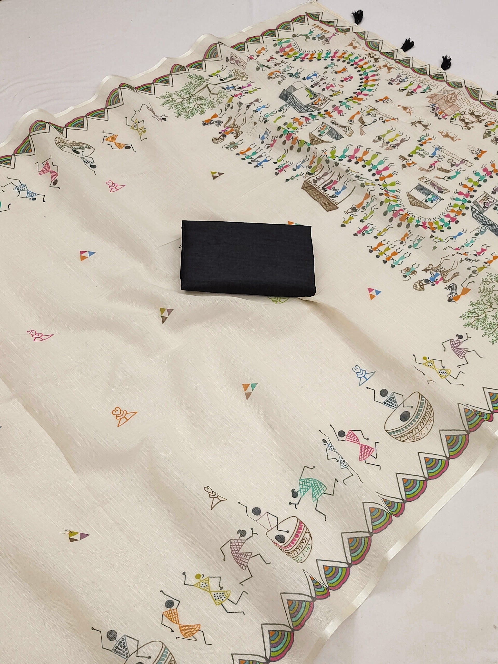 SOFT LINEN COTTON WARLI printed Saree with Cotton tassles on pallu & BLOUSE pice