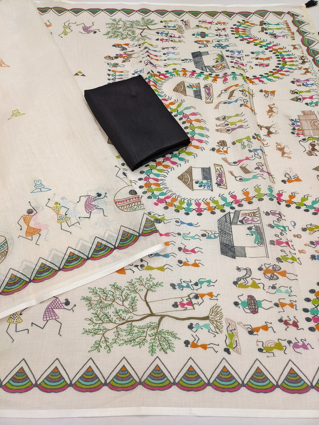 SOFT LINEN COTTON WARLI printed Saree with Cotton tassles on pallu & BLOUSE pice