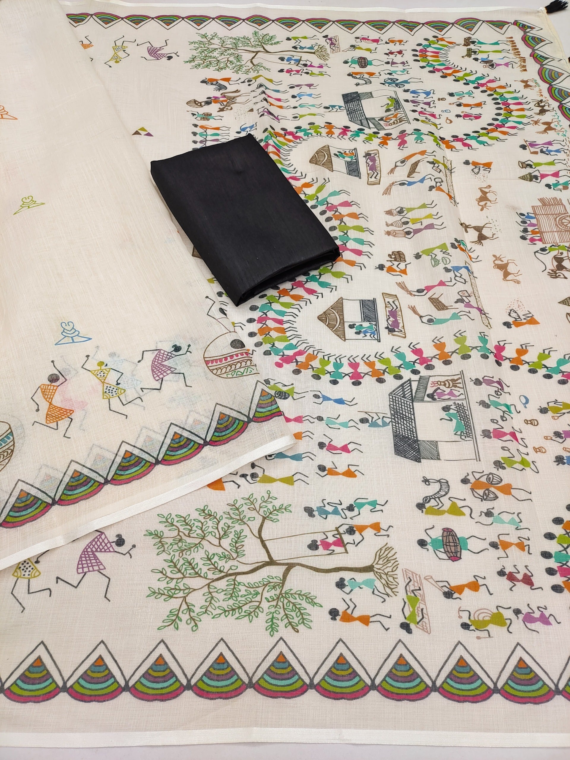 SOFT LINEN COTTON WARLI printed Saree with Cotton tassles on pallu & BLOUSE pice