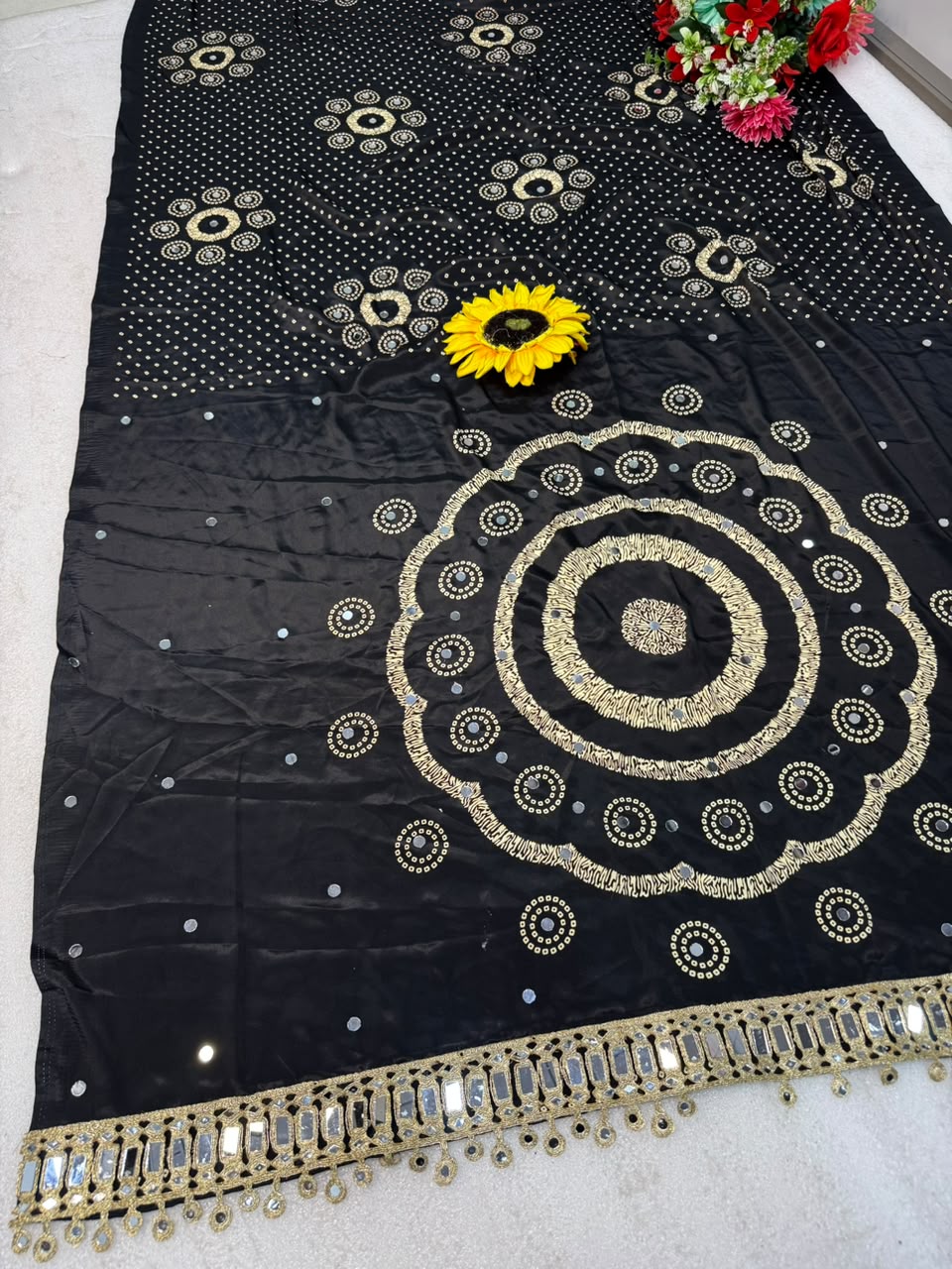 AJRAKH pure Gajji bandhej Supar mirror work saree mirar less bodar pure Gajji Soft Silk saree