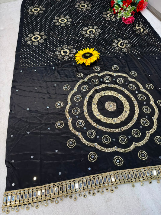 AJRAKH pure Gajji bandhej Supar mirror work saree mirar less bodar pure Gajji Soft Silk saree