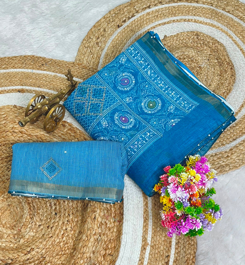 Premium linen Anmol Patta with digital print jarkan diamond work and hand moti attched with beautiful tassel and pari border work