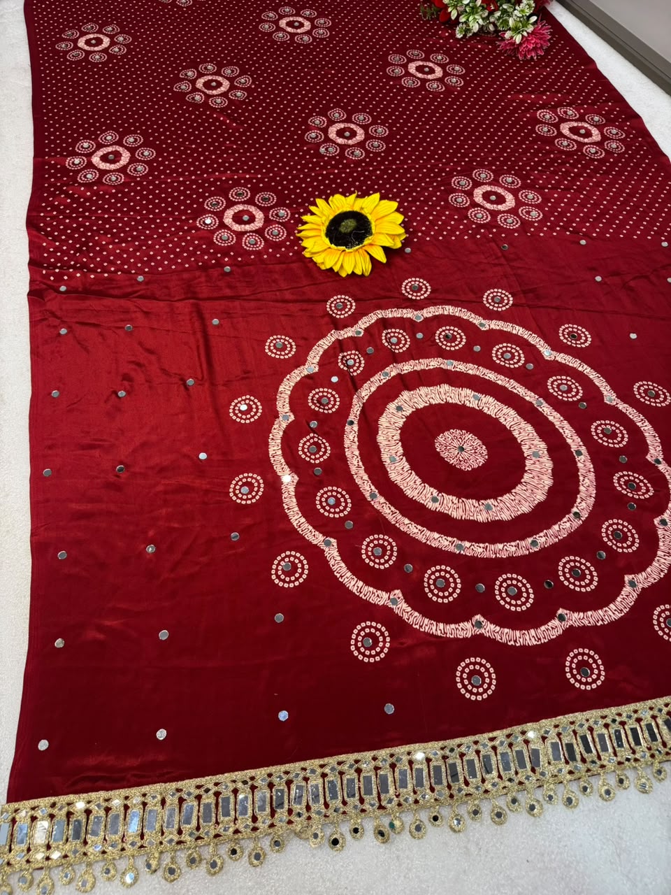 AJRAKH pure Gajji bandhej Supar mirror work saree mirar less bodar pure Gajji Soft Silk saree