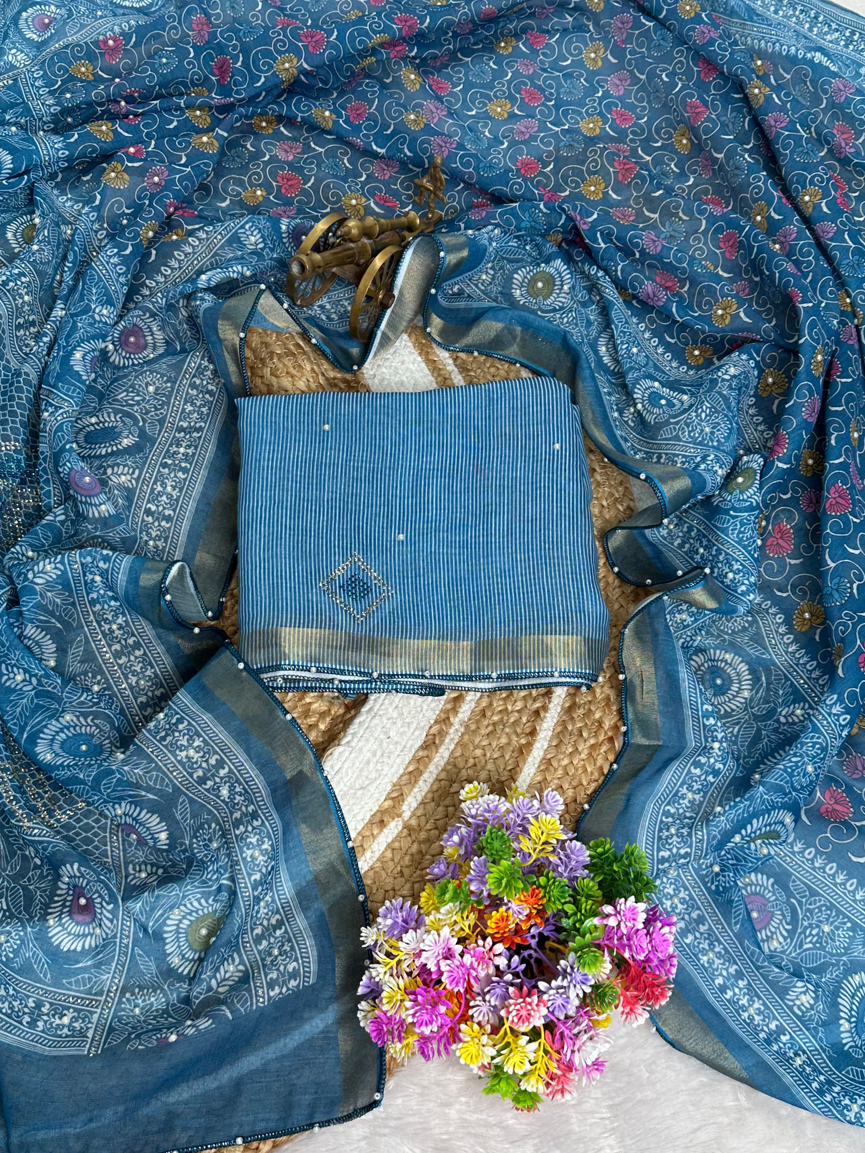 Premium linen Anmol Patta with digital print jarkan diamond work and hand moti attched with beautiful tassel and pari border work