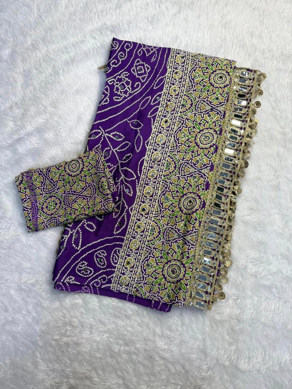 AJRAKH pure Gajji bandhej Supar Mirror Work Saree, Mirror Less Border