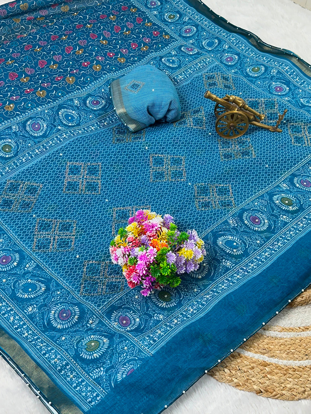 Premium linen Anmol Patta with digital print jarkan diamond work and hand moti attched with beautiful tassel and pari border work