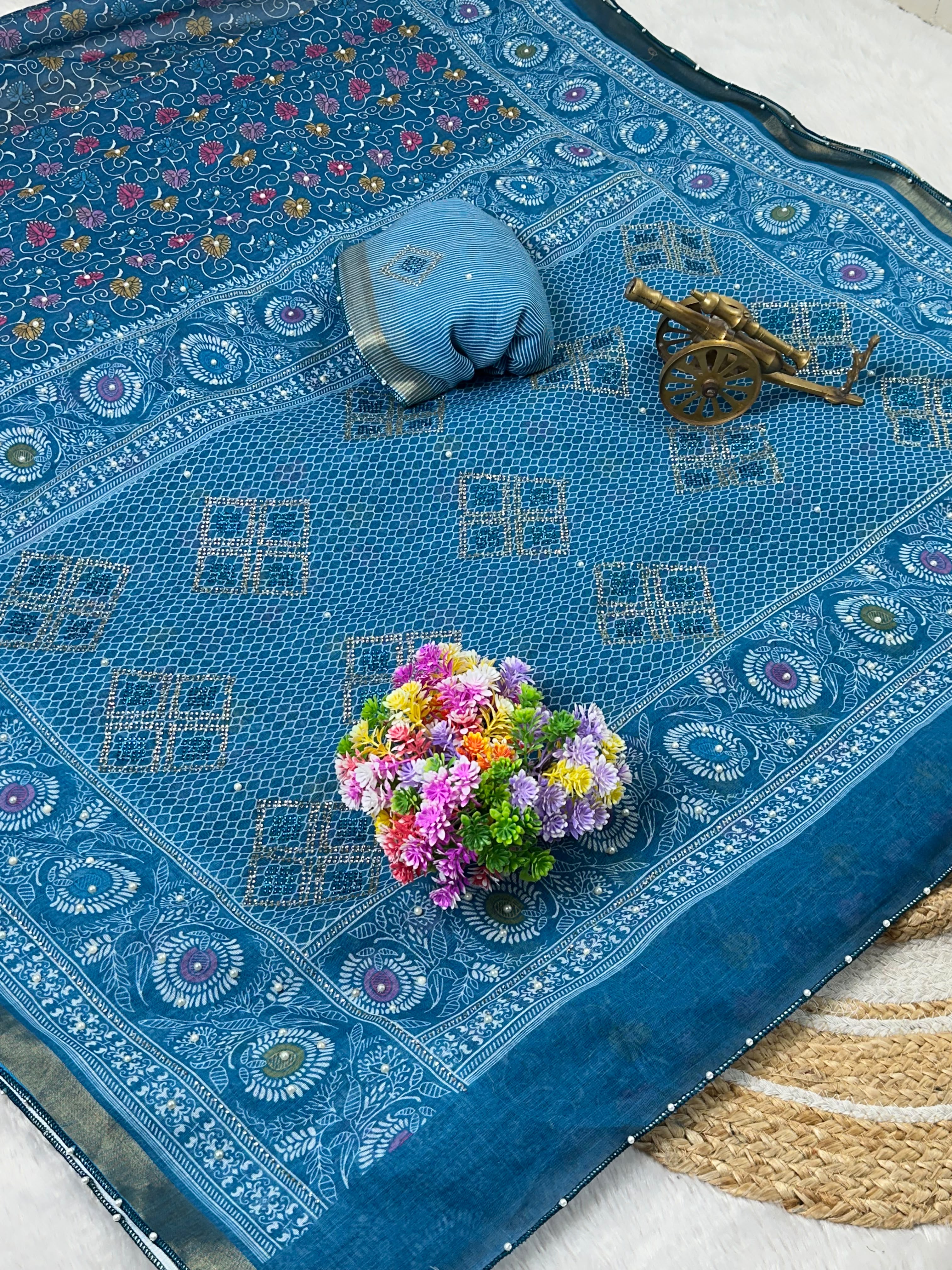 Premium linen Anmol Patta with digital print jarkan diamond work and hand moti attched with beautiful tassel and pari border work