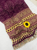AJRAKH pure Gajji bandhej Supar Mirror Work Saree, Mirror Less Border