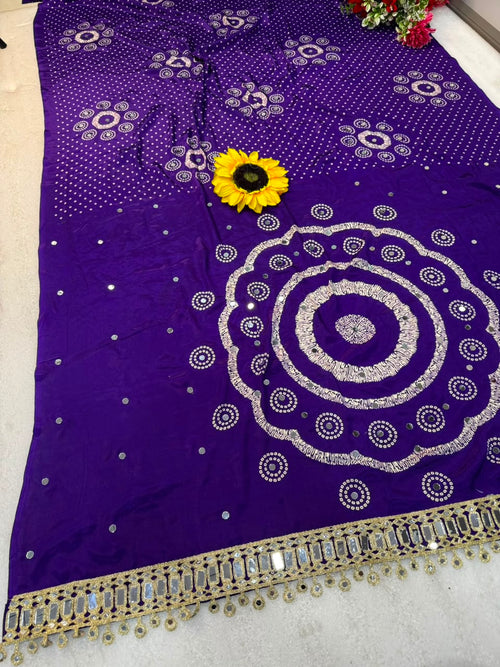 AJRAKH pure Gajji bandhej Supar mirror work saree mirar less bodar pure Gajji Soft Silk saree